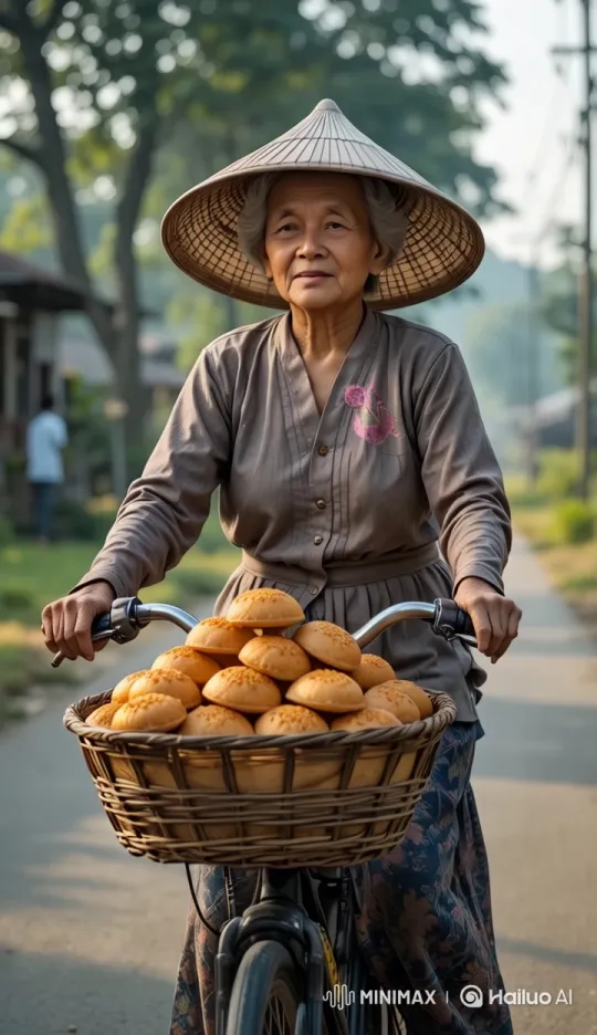 Elderly Woman Cycles Through Peaceful Village with Buns – AI Generated Video | Hailuo AI