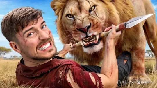 MrBeast Defends Against Lion in African Savanna Scene – AI Generated Video | Hailuo AI