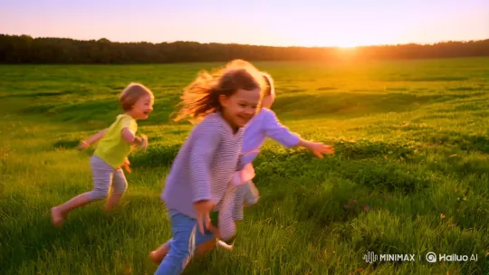 Children's Joyful Run in Golden Sunrise Landscape – AI Generated Video | Hailuo AI