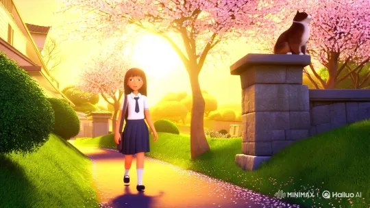 Young Girl's Serene Walk in a Cherry Blossom Town – AI Generated Video | Hailuo AI