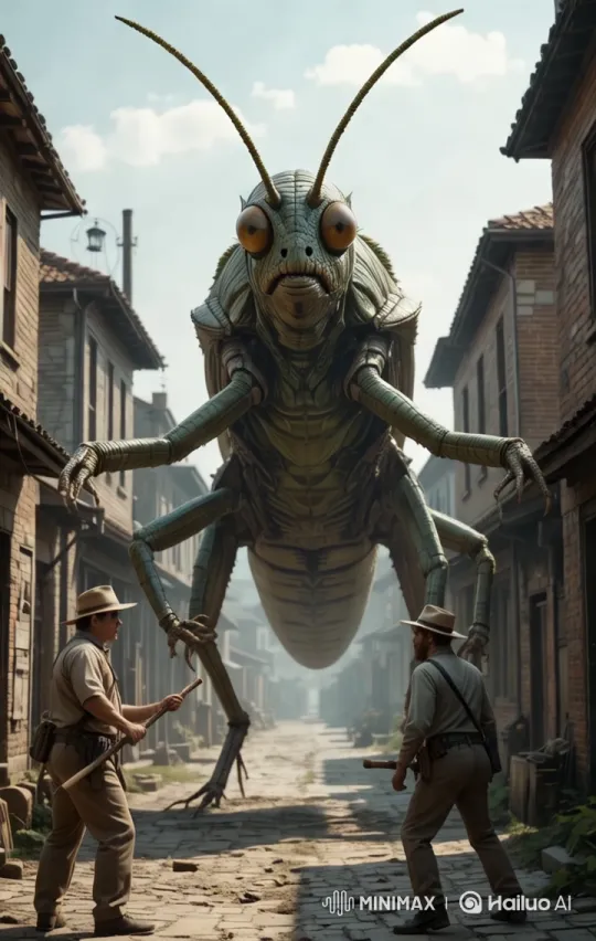 Giant Grasshopper Terrorizes Small Town in High Aesthetic Video – AI Generated Video | Hailuo AI
