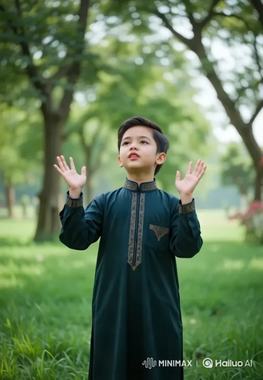 Boy in Traditional Attire in Serene Park Setting – AI Generated Video | Hailuo AI