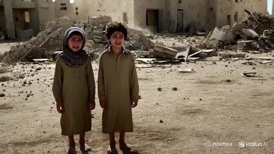Palestinian Children's Grief Amidst War Rubble – AI Generated Video | Hailuo AI