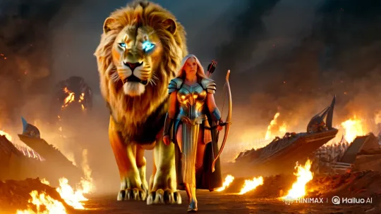Golden Warrior and Lion March on a Fiery Battlefield – AI Generated Video | Hailuo AI