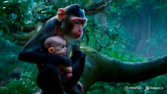 Mother Monkey's Defensive Climb Amidst Jungle Peril – AI Generated Video | Hailuo AI