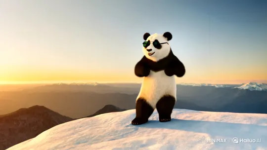 Fluffy Panda Dances on Snowy Peak at Sunrise – AI Generated Video | Hailuo AI