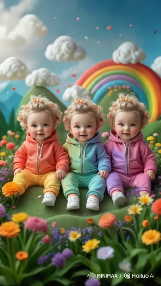 Toddlers Sing and Clap in Colorful Garden Rainbow Backdrop – AI Generated Video | Hailuo AI