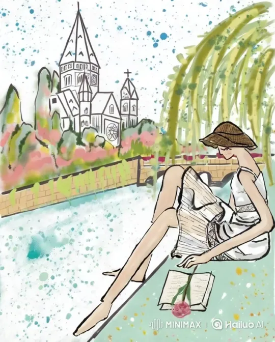 Girl Reading by River with Church in Background – AI Generated Video | Hailuo AI