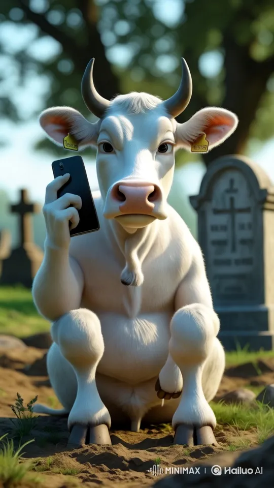 White Cow Ponders at Grave in Peaceful Cemetery – AI Generated Video | Hailuo AI