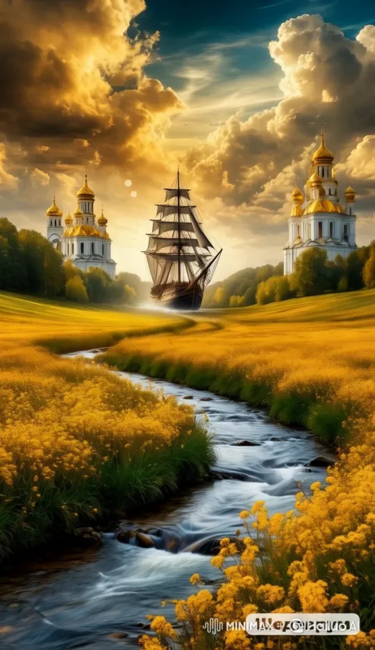 Magical Meadow: Sailing Ship Flies Over Golden Domes – AI Generated Video | Hailuo AI