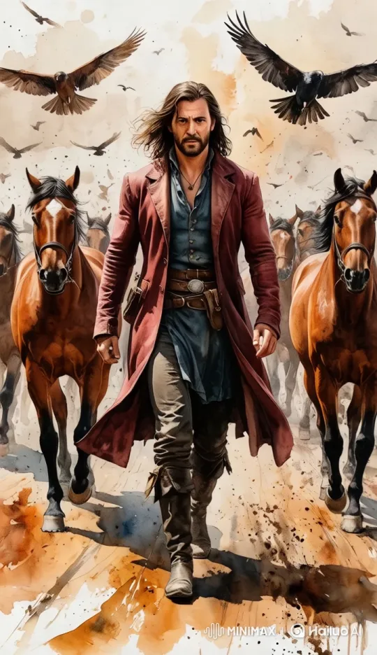 Dramatic Man Walks Amid Horses and Birds in Dusty Landscape – AI Generated Video | Hailuo AI