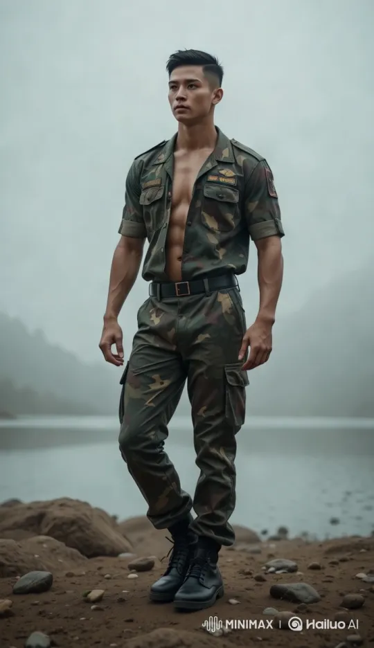 Rain-Soaked Military Man Showcases Physique – AI Generated Video | Hailuo AI