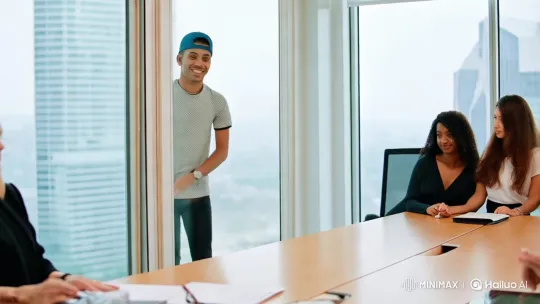 Young Man Leads Confidently in Modern Office Meeting – AI Generated Video | Hailuo AI