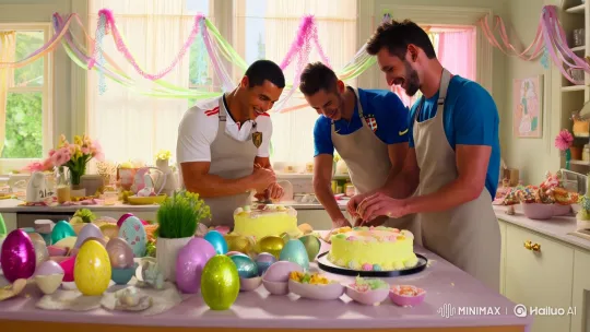 Ronaldo and Messi Joyfully Decorate Easter Cakes – AI Generated Video | Hailuo AI