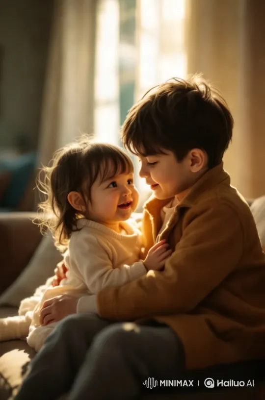 Sibling Love: Intimate Moment in a Cozy Living Room – AI Generated Video | Hailuo AI