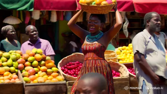 African Marketplace: Woman's Song and Dance Amidst Fruits – AI Generated Video | Hailuo AI