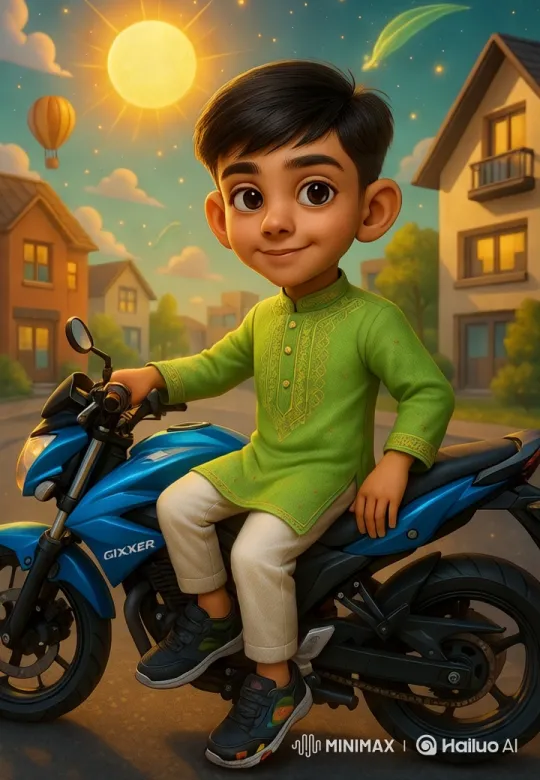Boy on Motorcycle Rides Through Whimsical Suburban Neighborhood – AI Generated Video | Hailuo AI