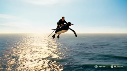 Penguin and Man Fly Through Majestic Sky in Dreamlike Scene – AI Generated Video | Hailuo AI