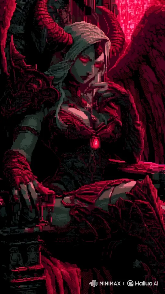 Pixel Game Style: Contemplative Female Demon on Throne – AI Generated Video | Hailuo AI