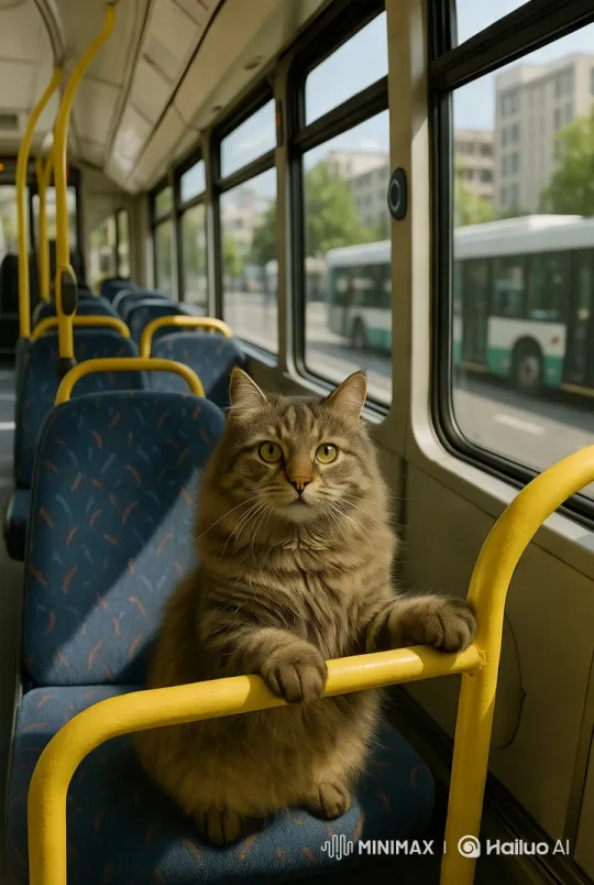 Fluffy Cat Observes City Life from Bus Seat – AI Generated Video | Hailuo AI