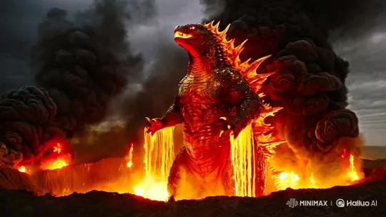 Godzilla Emerges from Fiery Volcano in Cinematic Majesty – AI Generated Video | Hailuo AI