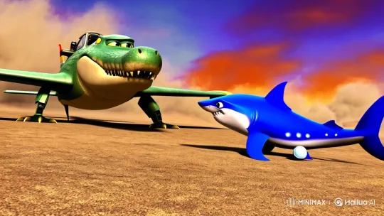 Surreal Desert Confrontation: Crocodile Plane vs. Tennis Shark – AI Generated Video | Hailuo AI