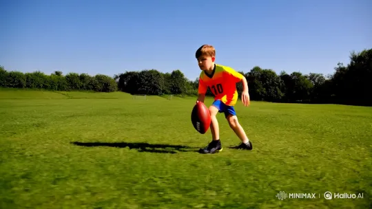 Boy dribbles football in sunlit field – AI Generated Video | Hailuo AI
