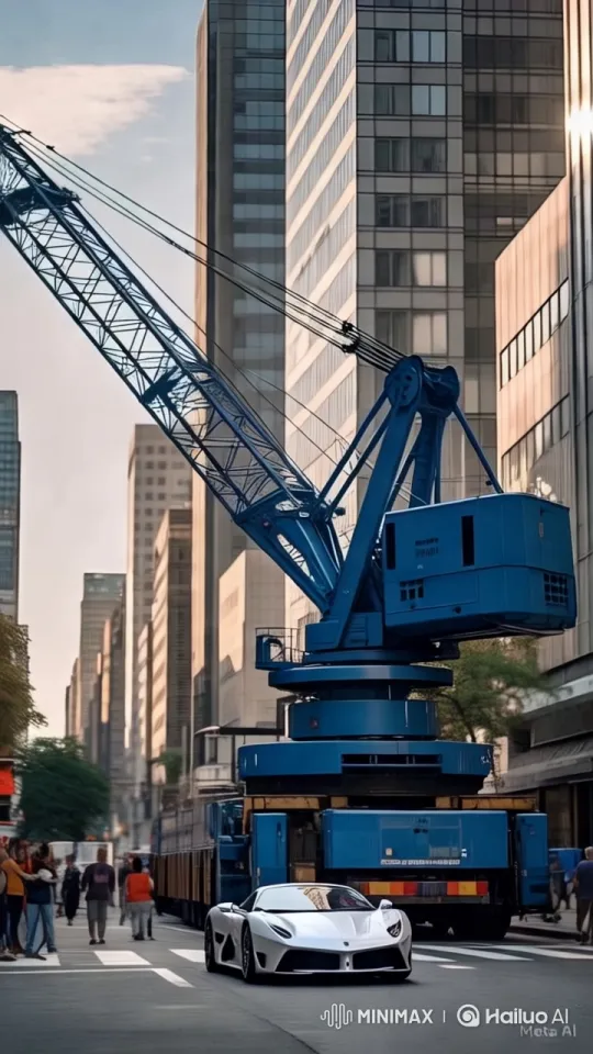 City Street Scene: Crane Overpowers Sports Car – AI Generated Video | Hailuo AI