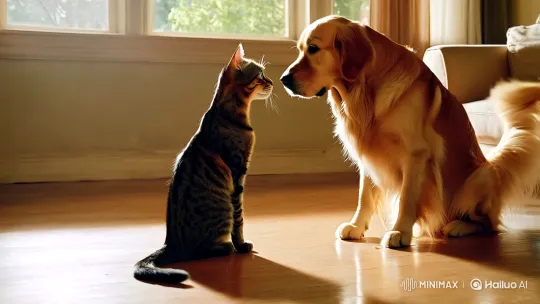 Cat and Dog's Silent Dialogue in Sunlit Room – AI Generated Video | Hailuo AI