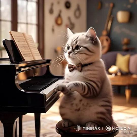 Charming Cat in Bow Tie Ready to Play Piano – AI Generated Video | Hailuo AI
