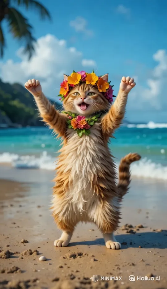 Dancing Cat on Beach with Floral Adornments – AI Generated Video | Hailuo AI
