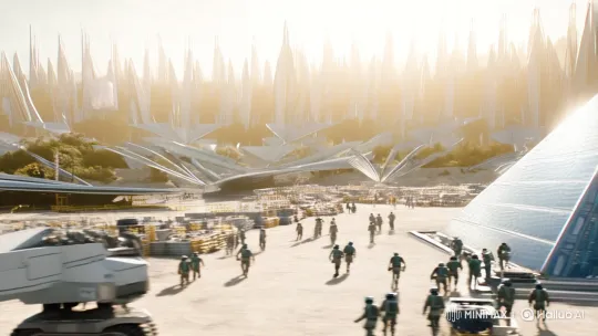 Dynamic Camera Captures Futuristic Pyramid Construction – AI Generated Video | Hailuo AI