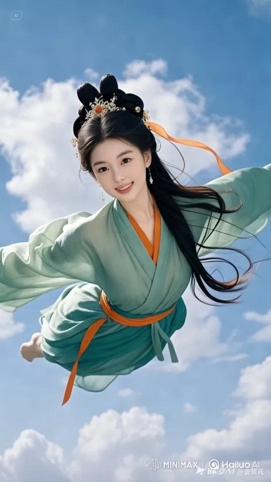 Graceful Woman in Hanfu Soars Through Cloudy Sky – AI Generated Video | Hailuo AI