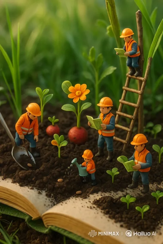 Miniature Garden Scene with Tiny Construction Workers – AI Generated Video | Hailuo AI