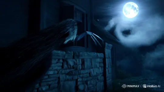 Terrifying Witch Haunts Dark House in Eerie Night Scene – AI Generated Video | Hailuo AI