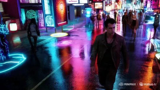 Cyberpunk Cityscape: Man's Determined Walk Through Neon Night – AI Generated Video | Hailuo AI