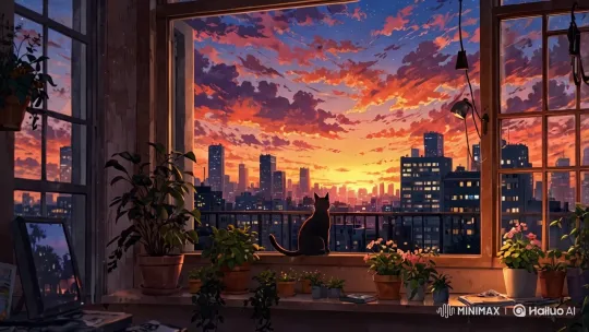 Ginger Tabby Cat Watches Serene Sunset Over Coastal Horizon – AI Generated Video | Hailuo AI