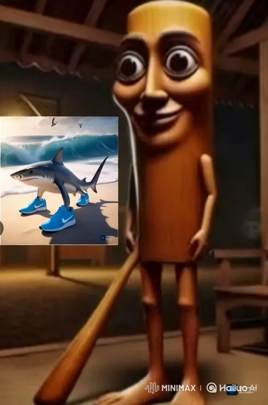 Wooden Figure Battles Shark in Dramatic Beach Confrontation – AI Generated Video | Hailuo AI