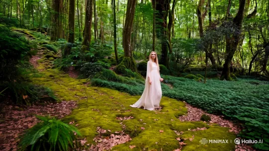 Blonde Woman in Harmony with Lush Forest – AI Generated Video | Hailuo AI
