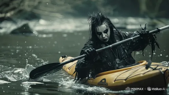 Kayaker Paddles Through Rain in Serene Tracking Shot – AI Generated Video | Hailuo AI