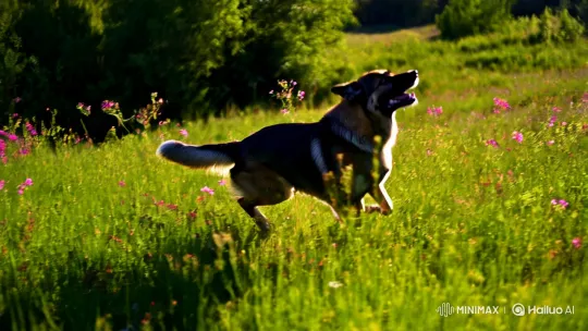 Dog's Graceful Leap Captured in Serene Meadow Scene – AI Generated Video | Hailuo AI