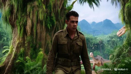 Lost Man Navigates Prehistoric Jungle, Encounters Dinosaurs – AI Generated Video | Hailuo AI