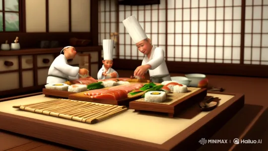 Miniature Sushi Craftsmanship in a Japanese Kitchen – AI Generated Video | Hailuo AI