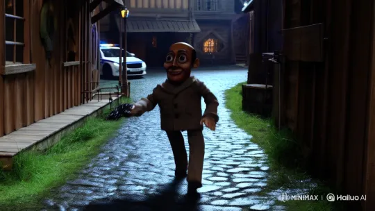 Puppet Man's Desperate Run and Capture in Rustic Town – AI Generated Video | Hailuo AI