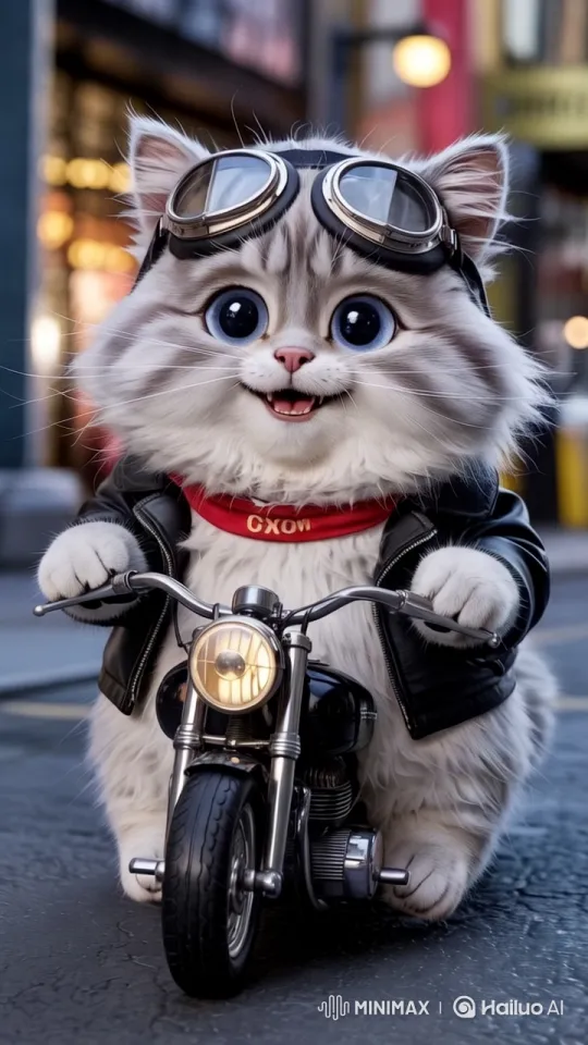 Adventurous Cat Rides Motorcycle in Urban Setting – AI Generated Video | Hailuo AI