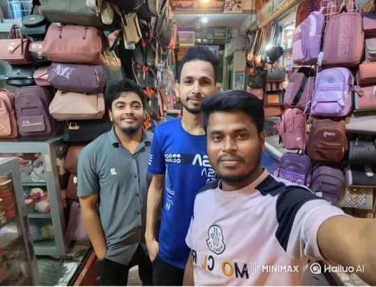 Friends Enjoying a Selfie in a Colorful Bag Shop – AI Generated Video | Hailuo AI