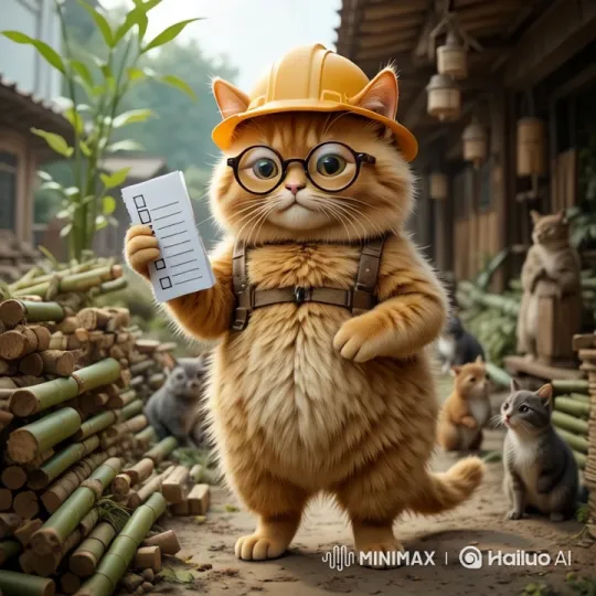 Orange Cat Inspects Bamboo for Animal Homes – AI Generated Video | Hailuo AI