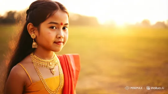 Golden Hour Portrait: Enchanted Girl in Traditional Gold Adornments – AI Generated Video | Hailuo AI