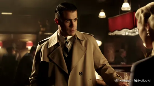 1940s Detective Discusses Case in Dimly Lit Bar – AI Generated Video | Hailuo AI