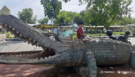 Child on Stone Crocodile Sculpture in Lush Marketplace – AI Generated Video | Hailuo AI